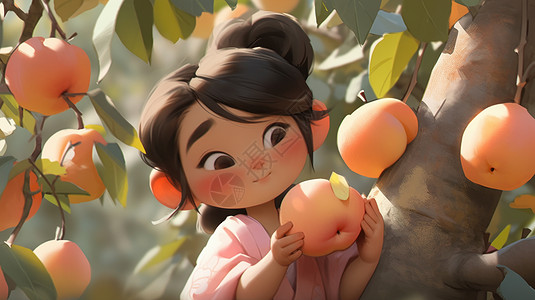 摘口罩在树上抱着水果的古风卡通女孩插画