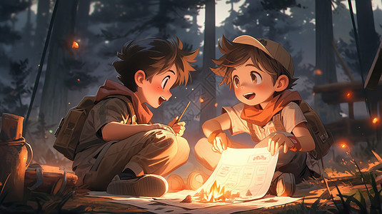 秋天夜晚在野外露营的两个卡通男孩图片