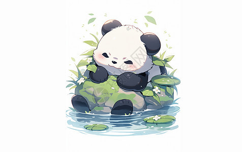 坐在水边嬉戏的卡通大熊猫图片