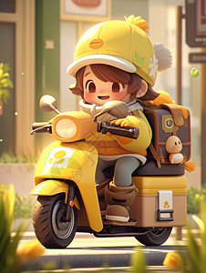 骑黄色摩托车可爱的卡通送餐员图片