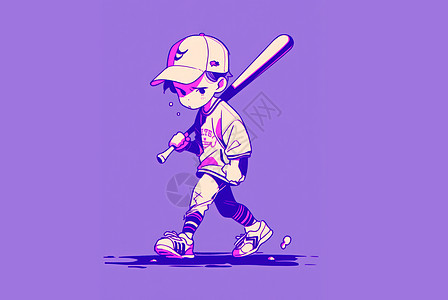 拿着棒球棒打棒球的卡通男孩紫色背景高清图片