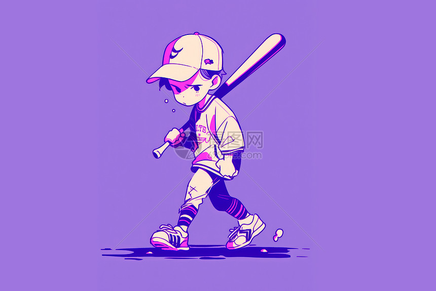 拿着棒球棒打棒球的卡通男孩紫色背景图片