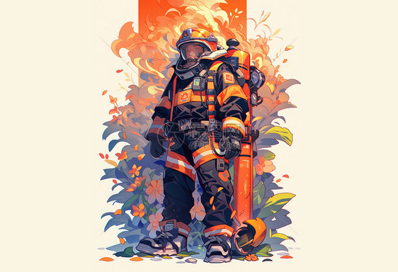 背着灭火器站在植物中的卡通消防员图片