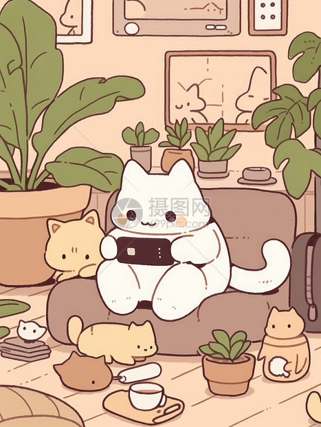 可爱的卡通宠物猫坐在沙发上打游戏图片