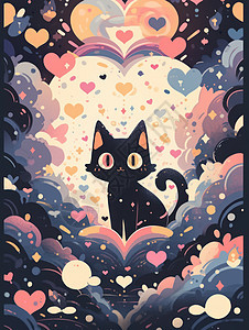 在深色云朵中可爱的卡通小黑猫图片