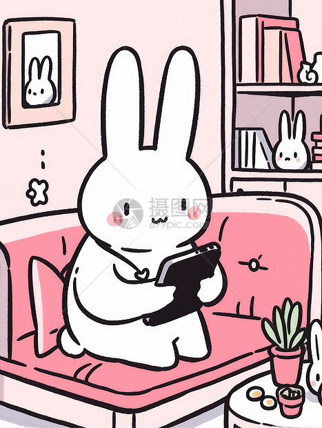 可爱的卡通小白兔坐在粉色沙发上看手机图片