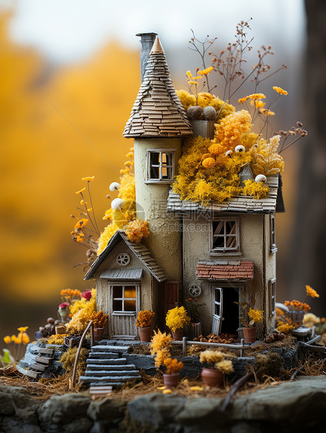 秋天房顶上长满草的卡通羊毛毡城堡图片