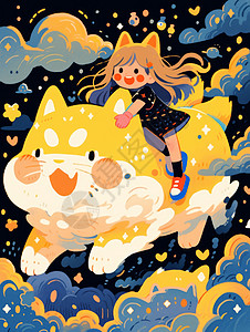 骑在巨大黄色猫身上的卡通女孩背景图片