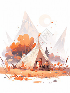 秋天在野外度假露营扁平插画图片