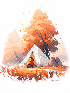 秋天在树下搭帐篷露营扁平风图片