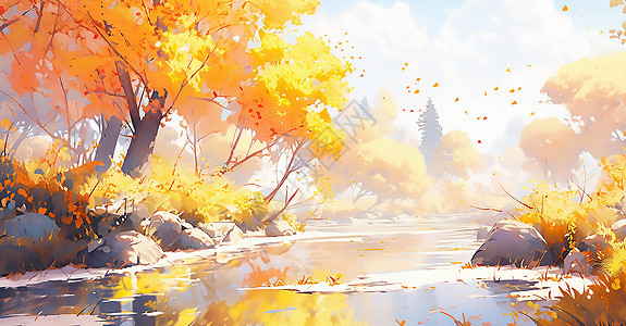 秋天树木小河风景图片
