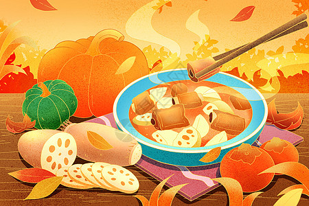 秋季美食莲藕排骨汤插画图片