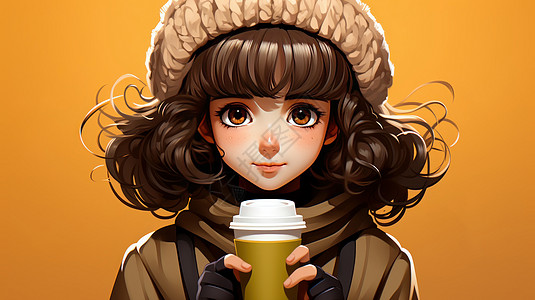 戴帽子端着热奶茶的大眼睛可爱卡通女孩图片