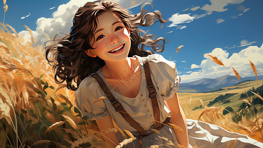 秋天在麦子地里开心笑的卡通女孩图片
