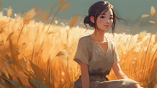 秋天小清新漂亮的卡通女孩坐在麦子地里图片