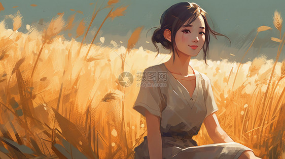 秋天小清新漂亮的卡通女孩坐在麦子地里图片