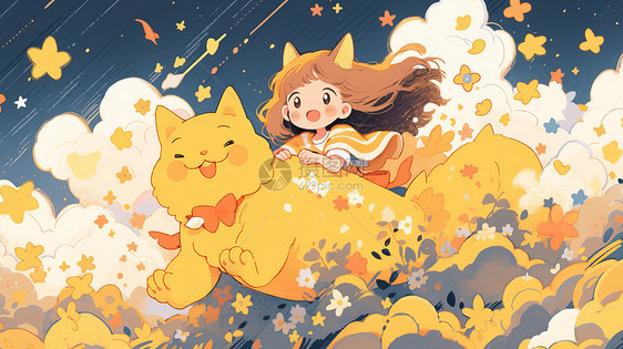 趴在黄色巨猫后背上开心笑的卡通女孩图片