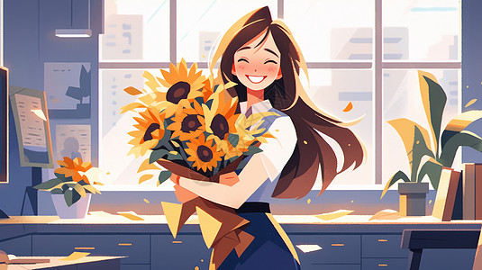 站在窗前抱着向日葵花束开心笑的卡通女青年老师图片
