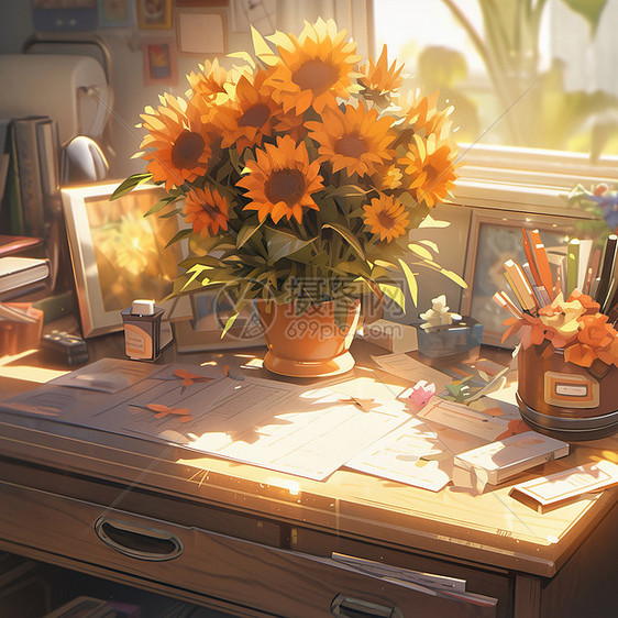 老师办公桌上放着一盆卡通太阳花图片