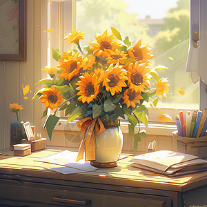 放在窗前桌上一盆盛开的卡通太阳花图片