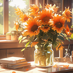 阳光照在一束小清新唯美的卡通太阳花上图片