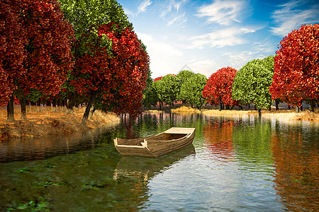 写实秋天枫树林河流场景设计图片