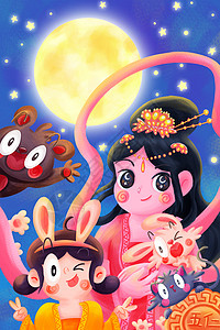 中秋节嫦娥玉兔女孩熊猫团圆背景海报运营海报图片
