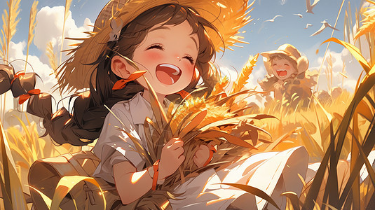 秋天抱着麦子戴着帽子开心笑的卡通小女孩图片