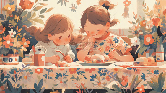 铺着花桌布的餐桌上两个卡通小女孩在一起吃饭图片