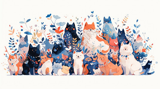 各种可爱的卡通小猫在草丛中站在一起图片