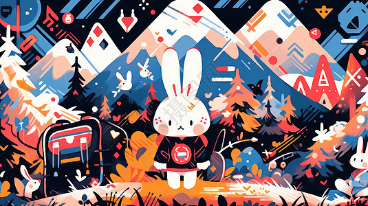 潮流时尚的卡通小白兔秋天在森林中图片