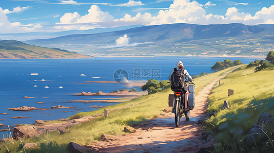 初秋湖边美丽的卡通风景一个小小的卡通人物在路上骑行图片