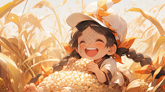 秋天坐在粮食堆里开心笑的卡通小女孩图片