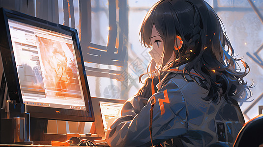 坐在电脑前看着电脑屏幕发呆的长发卡通女孩图片素材