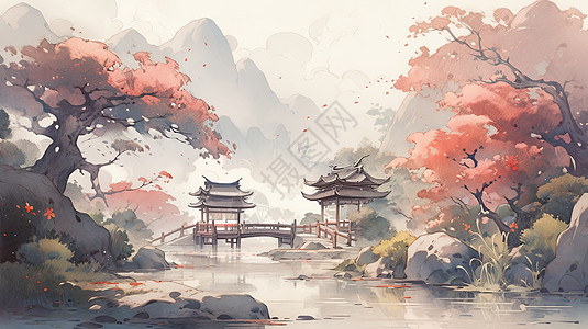 秋天水墨风卡通山水画湖泊上一座古桥与亭子图片