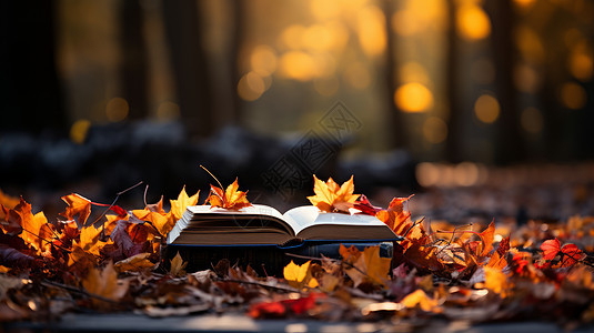 打开的书籍与落叶唯美风景背景图片