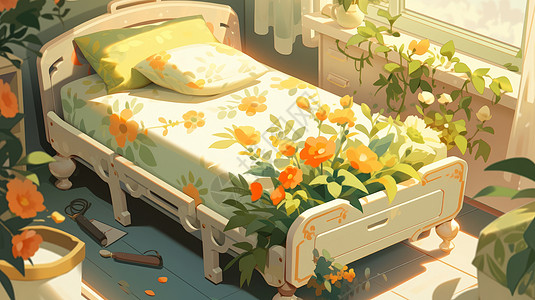 满屋小清新花朵植物的卡通卧室图片