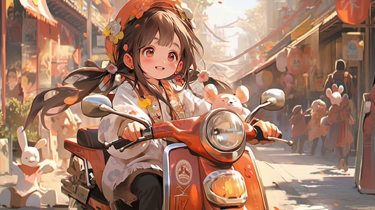 大眼睛漂亮的卡通女孩骑红色摩托车图片