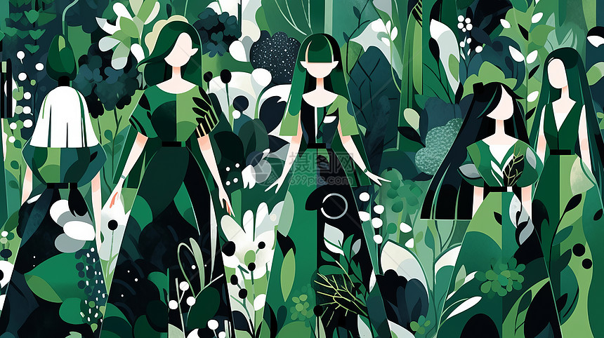 扁平风抽象的卡通人物站在植物中间图片