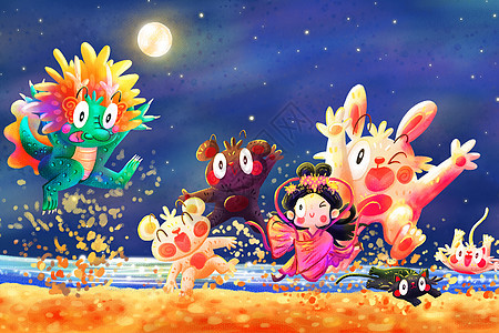 中秋节满月海滩沙滩动物聚会背景海报运营插画图片