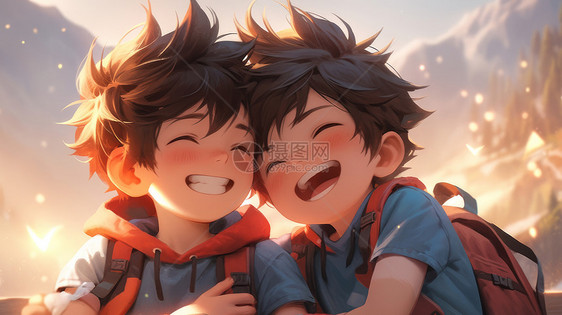 两个一起开心大笑的卡通男孩图片