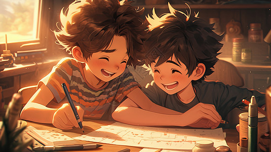 两个好朋友卡通男孩一起开心写作业图片