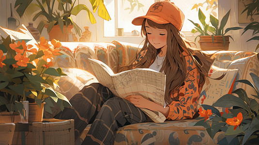 戴棒球帽坐在客厅看报纸的卡通女孩图片