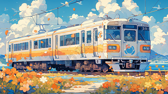 秋天行驶在铁轨上的卡通火车旁开满卡通花朵背景图片