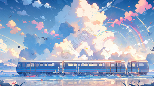 海上火车蓝天白云下行驶在大海上的卡通火车插画