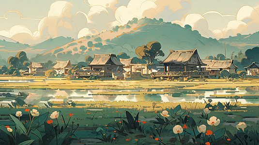 河塘旁美丽的卡通村庄图片
