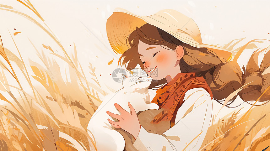 抱着白色宠物猫在金黄色麦子地中的卡通女孩图片