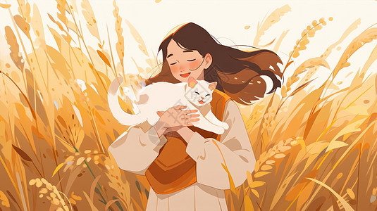 秋天抱着宠物猫与麦子在金黄色麦田中的长发卡通女孩图片