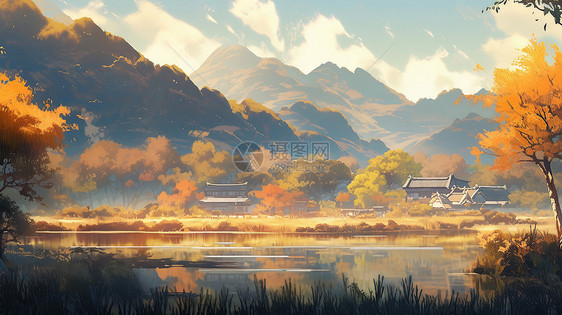 秋天湖泊旁幽静的卡通小村庄图片