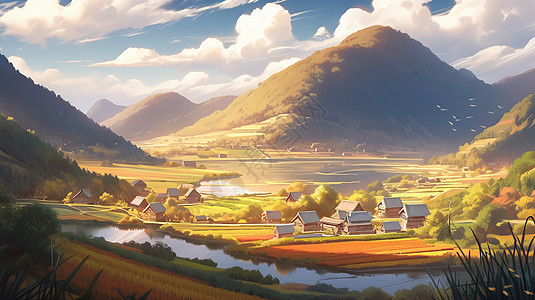 秋天山脚下一座唯美的卡通小村庄背景图片